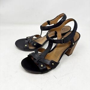 Clarks Collection Womens Black Leather Strappy Block Heel Sandals Shoes Size 9.5